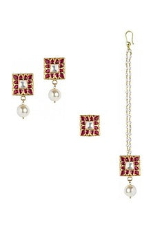 Gold Plated Pearl Maangtikka and Earrings