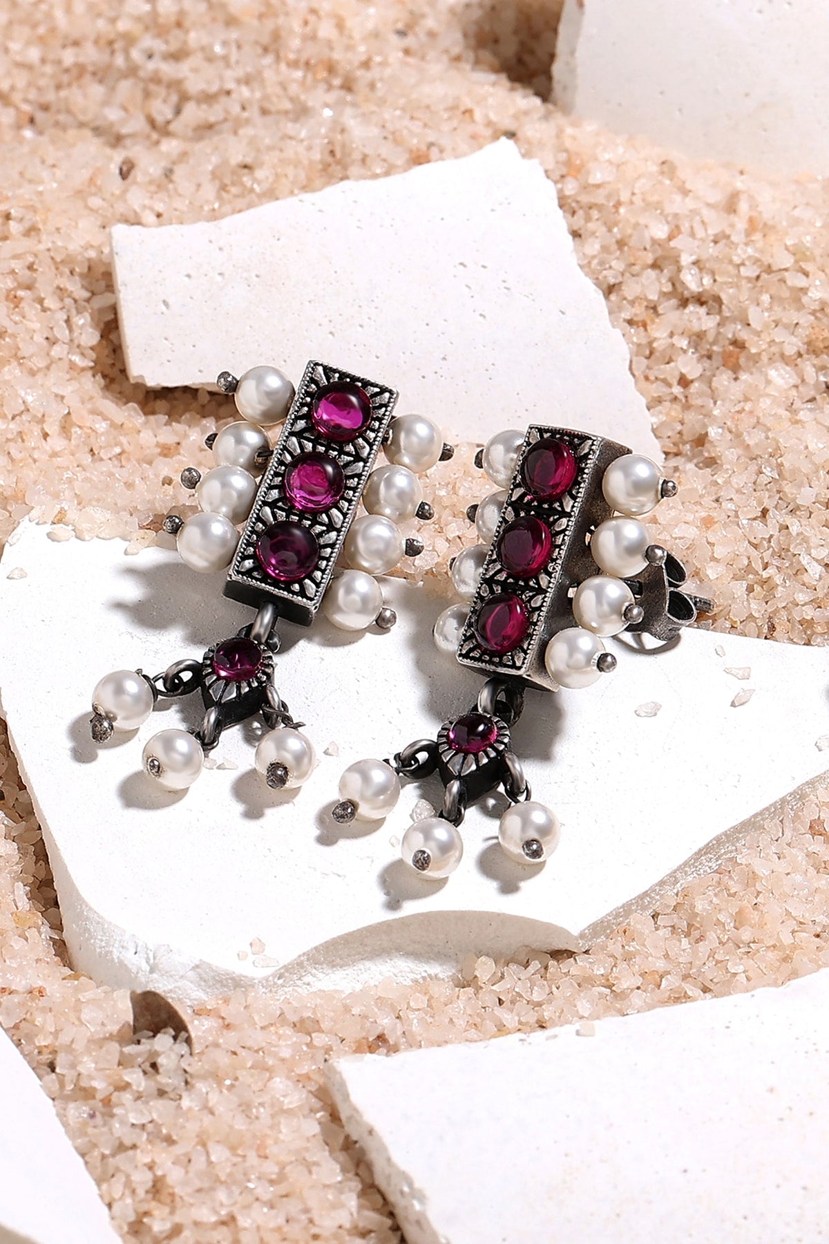 Silver Finish Red Stone & Pearl Dangler Earrings In Sterling Silver