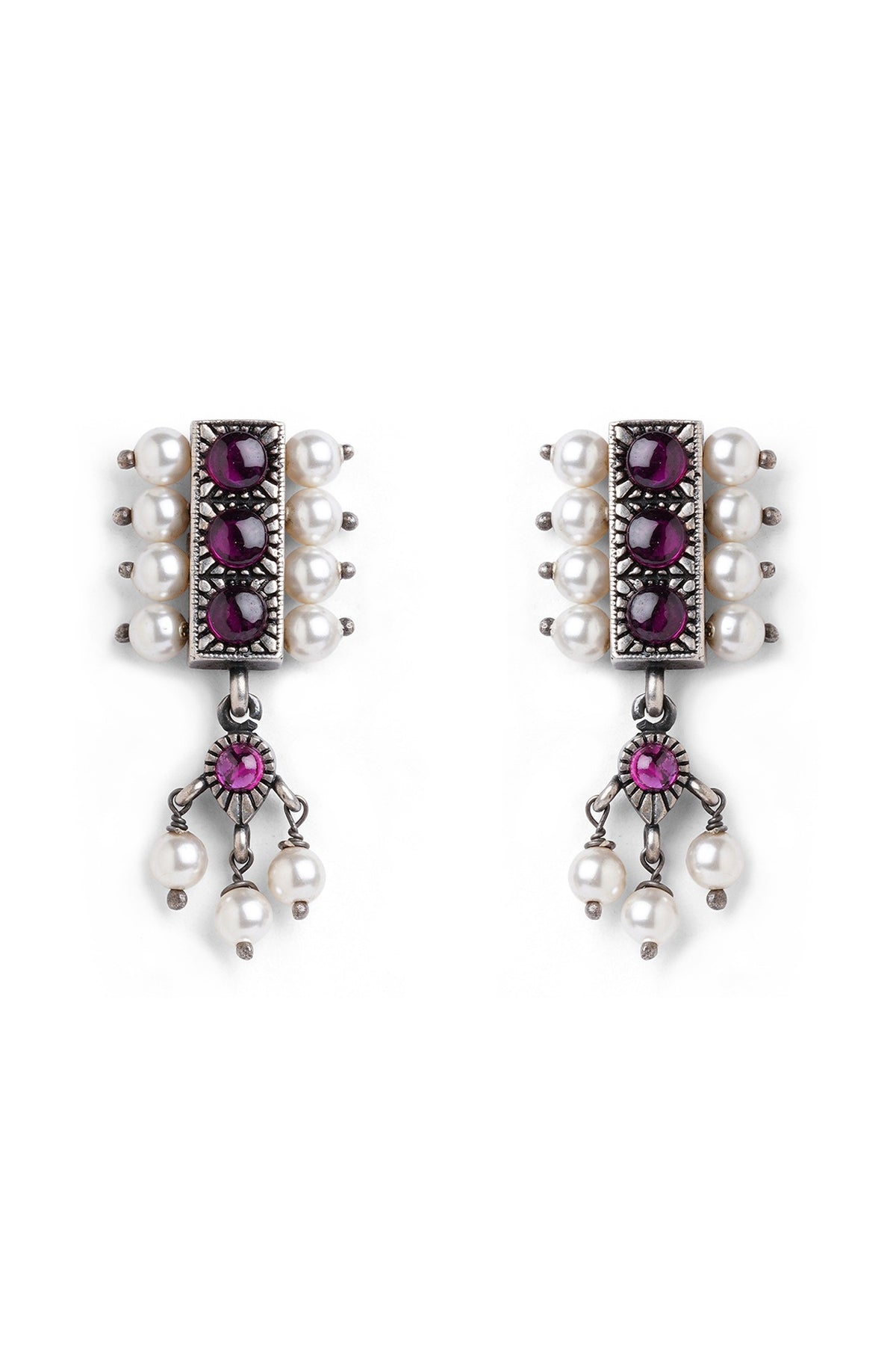 Silver Finish Red Stone & Pearl Dangler Earrings In Sterling Silver
