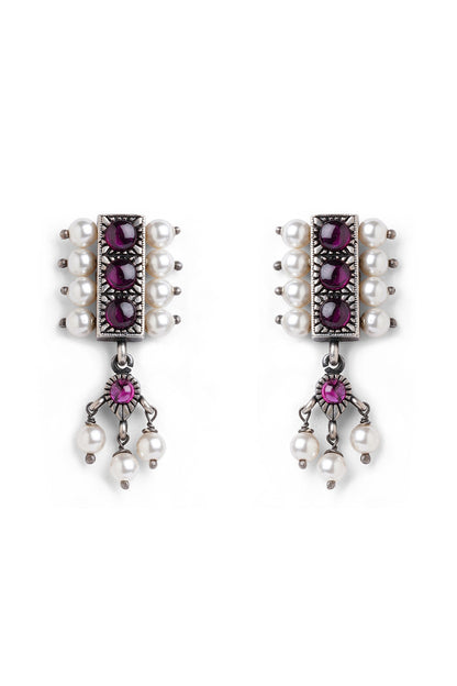 Silver Finish Red Stone & Pearl Dangler Earrings In Sterling Silver