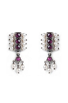 Silver Finish Red Stone & Pearl Dangler Earrings In Sterling Silver