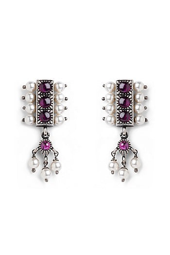 Silver Finish Red Stone & Pearl Dangler Earrings In Sterling Silver