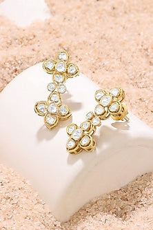 Gold Finish Floral Stud Earrings In Sterling Silver