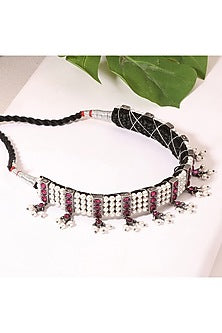Silver Finish Stone & Pearl Choker Necklace In Sterling Silver