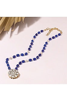 Silver Finish Sapphire & Pearl Temple Long Necklace In Sterling Silver