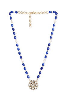 Silver Finish Sapphire & Pearl Temple Long Necklace In Sterling Silver