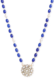 Silver Finish Sapphire & Pearl Temple Long Necklace In Sterling Silver