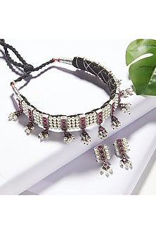 Silver Finish Red Stone Choker Necklace Set In Sterling Silver