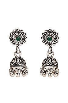 Oxidised Finish Emerald Stones Jhumka Earrings In Sterling Silver