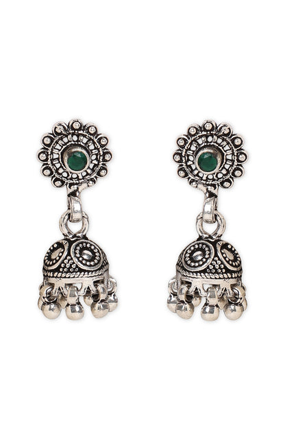 Oxidised Finish Emerald Stones Jhumka Earrings In Sterling Silver
