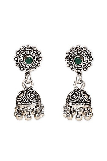Oxidised Finish Emerald Stones Jhumka Earrings In Sterling Silver