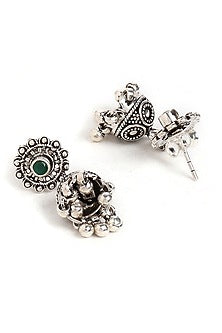 Oxidised Finish Emerald Stones Jhumka Earrings In Sterling Silver