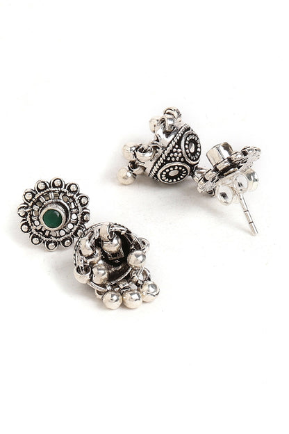 Oxidised Finish Emerald Stones Jhumka Earrings In Sterling Silver