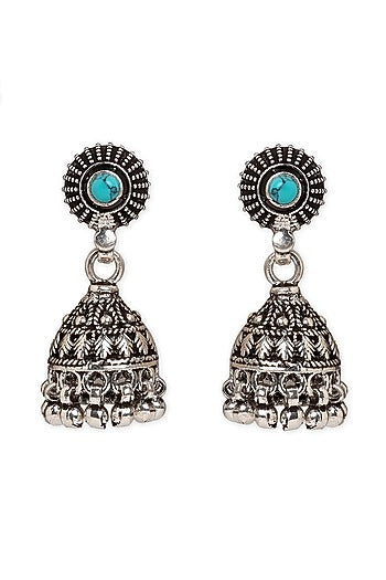 Oxidised Finish Turquoise Stones Jhumka Earrings In Sterling Silver
