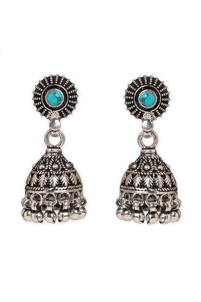 Oxidised Finish Turquoise Stones Jhumka Earrings In Sterling Silver