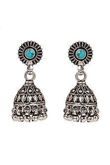 Oxidised Finish Turquoise Stones Jhumka Earrings In Sterling Silver