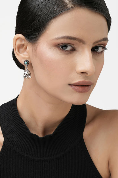 Oxidised Finish Turquoise Stones Jhumka Earrings In Sterling Silver