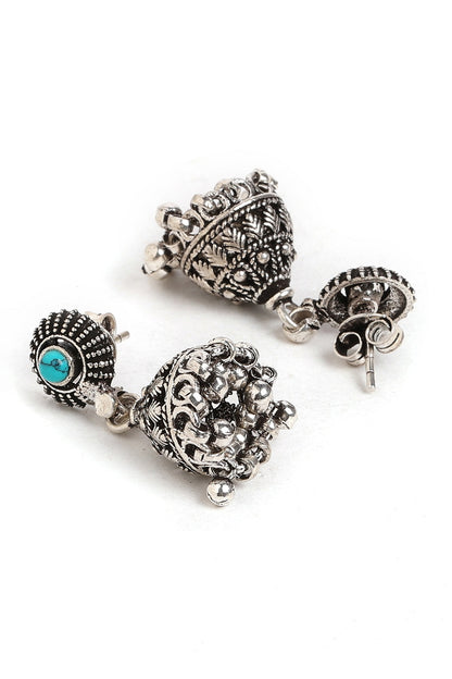 Oxidised Finish Turquoise Stones Jhumka Earrings In Sterling Silver