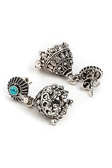Oxidised Finish Turquoise Stones Jhumka Earrings In Sterling Silver