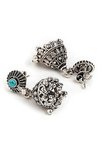 Oxidised Finish Turquoise Stones Jhumka Earrings In Sterling Silver