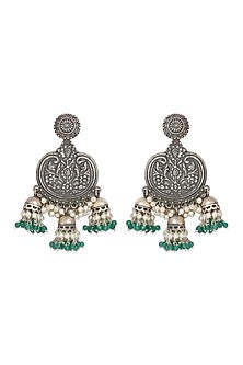 Oxidized Finish Green Beaded Dangler Earrings In Sterling Silver