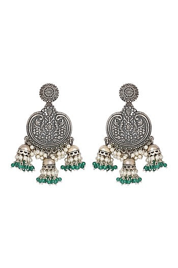 Oxidized Finish Green Beaded Dangler Earrings In Sterling Silver