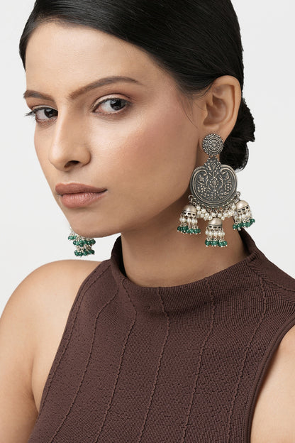 Oxidized Finish Green Beaded Dangler Earrings In Sterling Silver