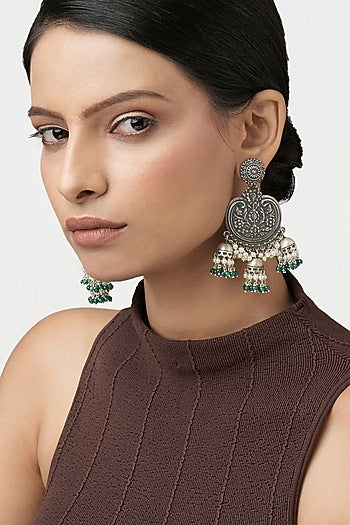 Oxidized Finish Green Beaded Dangler Earrings In Sterling Silver