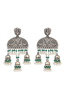 Oxidized Finish Green Beaded Dangler Earrings In Sterling Silver.