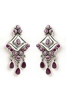 Oxidized Finish Red Stone Dangler Earrings In Sterling Silver