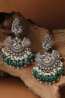 Oxidized Finish Green Beaded Dangler Earrings In Sterling Silver