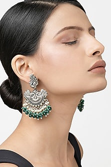 Oxidized Finish Green Beaded Dangler Earrings In Sterling Silver