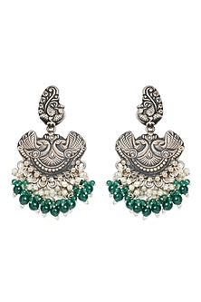 Oxidized Finish Green Beaded Dangler Earrings In Sterling Silver