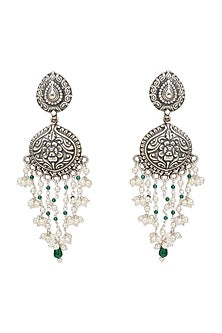 Silver Finish Pearl & Green Stone Dangler Earrings In Sterling Silver