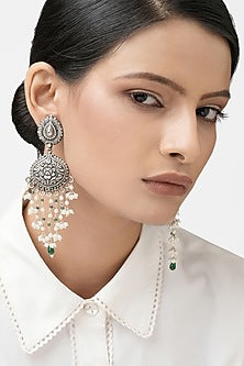 Silver Finish Pearl & Green Stone Dangler Earrings In Sterling Silver
