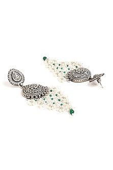 Silver Finish Pearl & Green Stone Dangler Earrings In Sterling Silver