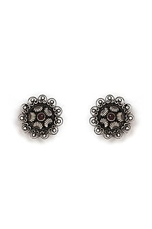 Silver Finish Red Stone Stud Earrings In Sterling Silver