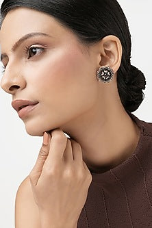 Silver Finish Red Stone Stud Earrings In Sterling Silver