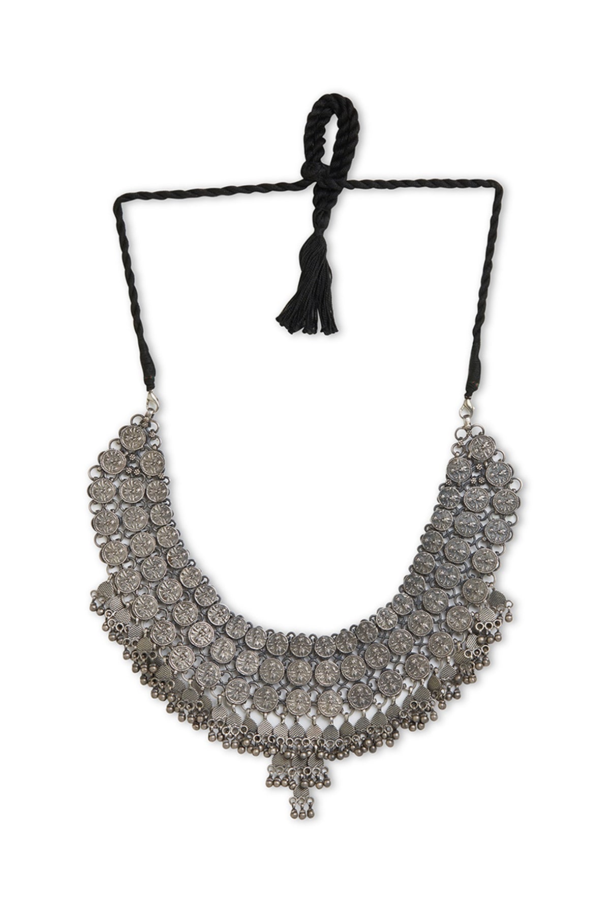 White Finish Coin & Ghungroo Choker Necklace In Sterling Silver