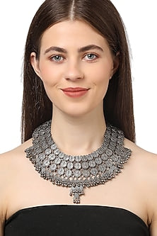White Finish Coin & Ghungroo Choker Necklace In Sterling Silver