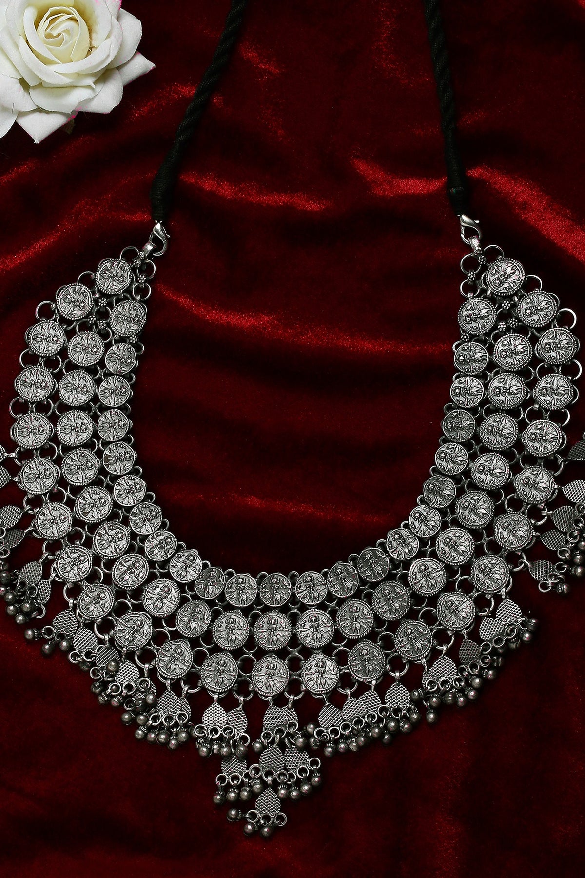 White Finish Coin & Ghungroo Choker Necklace In Sterling Silver