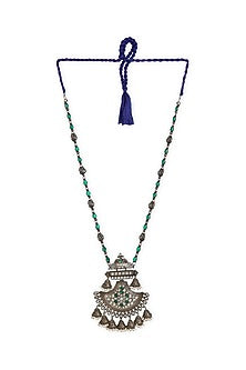 White Finish Green Stone Long Necklace In Sterling Silver
