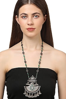 White Finish Green Stone Long Necklace In Sterling Silver