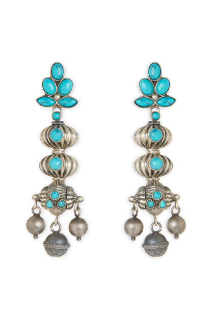 White Finish Turquoise Stone Oxidised Earrings In Sterling Silver