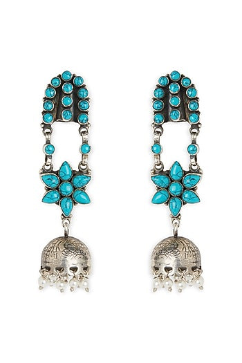 White Finish Turquoise Stone & Blue Pearl Jhumka Earrings In Sterling Silver