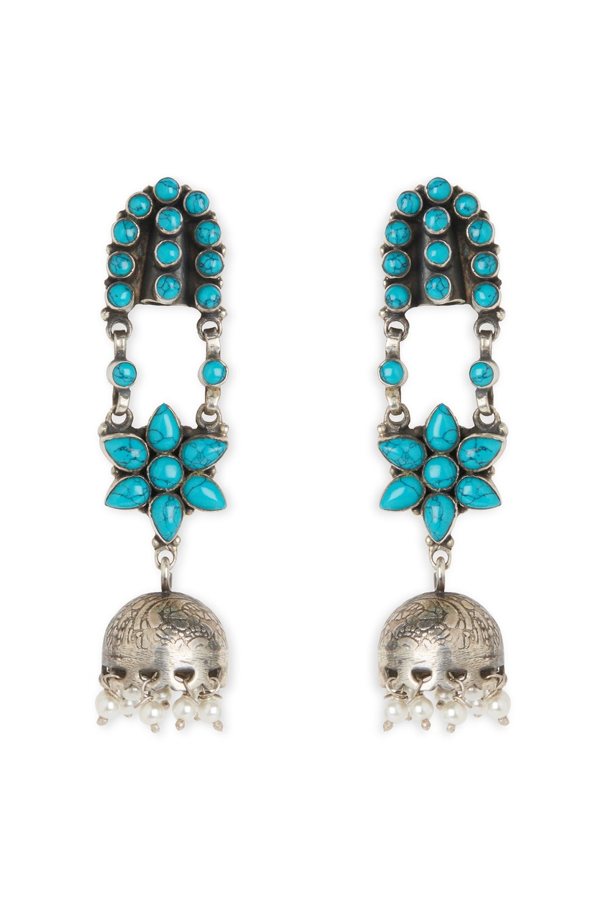 White Finish Turquoise Stone & Blue Pearl Jhumka Earrings In Sterling Silver