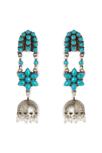 White Finish Turquoise Stone & Blue Pearl Jhumka Earrings In Sterling Silver