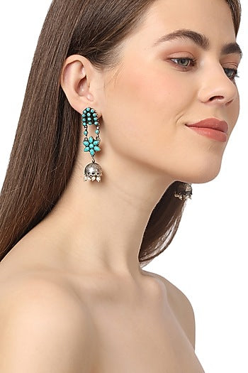 White Finish Turquoise Stone & Blue Pearl Jhumka Earrings In Sterling Silver