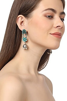 White Finish Turquoise Stone & Blue Pearl Jhumka Earrings In Sterling Silver