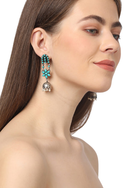 White Finish Turquoise Stone & Blue Pearl Jhumka Earrings In Sterling Silver